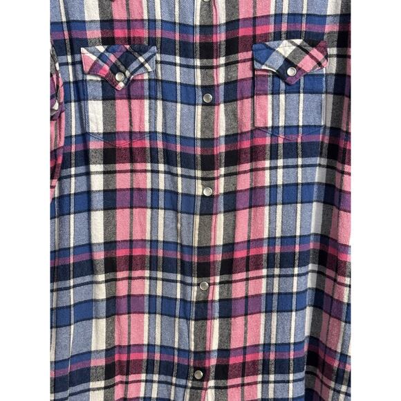 Wrangler Pearl Snap Western Shirt Pink Plaid Flannel Sz L Cowgirl Rodeo Boho - Picture 2 of 11